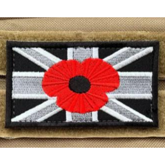 Great Britain Union Jack Patch (3.3 Inch) Velcro Subdued Badge (Hook + Loop) Remembrance Poppy